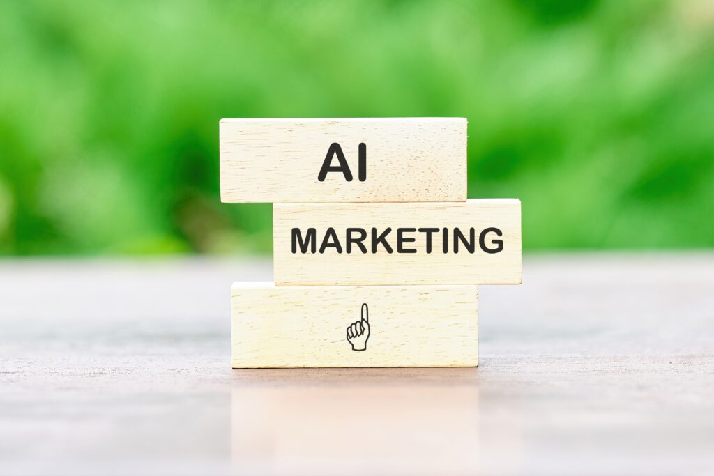 Stack of wooden blocks with the words AI and Marketing